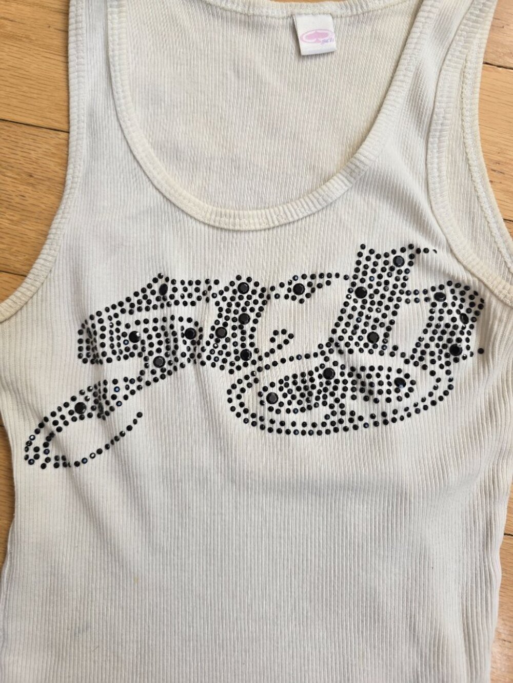 vintage Y2K | blinged-out white ribbed fitted tank top | WMS S - Picture 3 of 10